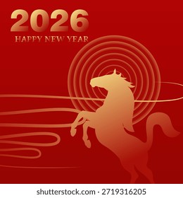 Feliz año Nuevo 2026 Ilustración vectorial con una silueta de caballo poderoso de pie sobre un fondo rojo con elegantes patrones de línea oriental circulares y fluidas doradas