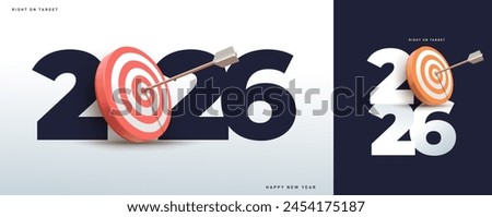 Happy New Year 2026 vector concept. Greeting card and round colored target with arrow. Template New goals for next year and achieving success. Set of 2026 square background. Vector design 2026.