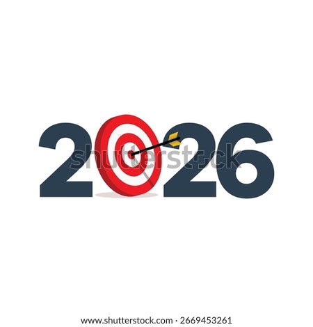 Happy new year 2026. Vector concept greeting card and round colored target with arrow template. New goals for next year and achieving success of 2026. Vector illustration.