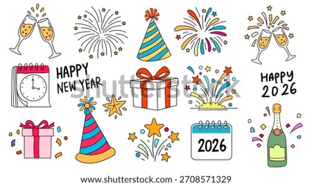 Happy New year 2026 vector elements, doodle sets flat illustration, new year celebration