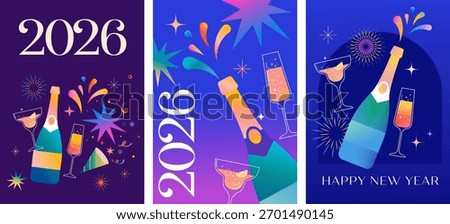 Happy New Year 2026 vertical backgrounds with champagne bottle and fireworks. Colorful modern vibrant vector design with color gradients.