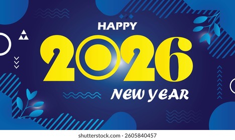 Happy new year 2026 - vibrant and unique banner and greeting card design template with dark blue background and yellow typography.