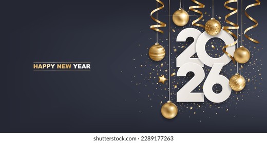 Happy new year 2026. White paper numbers with golden Christmas decoration and confetti on  dark blue background. Holiday greeting card design.
