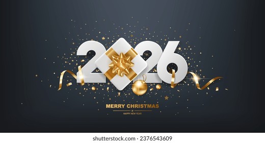 Happy New Year 2026. White paper numbers with golden ribbons, gift box and confetti on a black background.