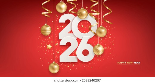 Happy new year 2026. White paper numbers with golden Christmas decoration and confetti on red background. Holiday greeting card design.
