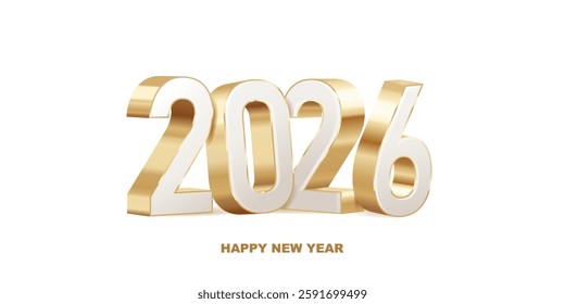 Happy New Year 2026. White and golden 3D numbers isolated on a white background. Holiday greeting card design. 

