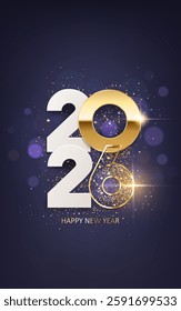 Happy new year 2026. White paper numbers and golden numbers with golden confetti on dark blue background. Holiday greeting card design.
