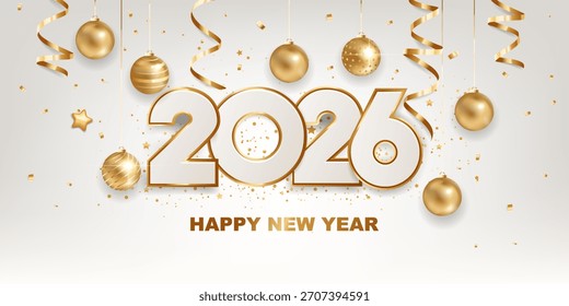 Happy new year 2026. White paper numbers with golden Christmas decoration and confetti on white background. Holiday greeting card design.