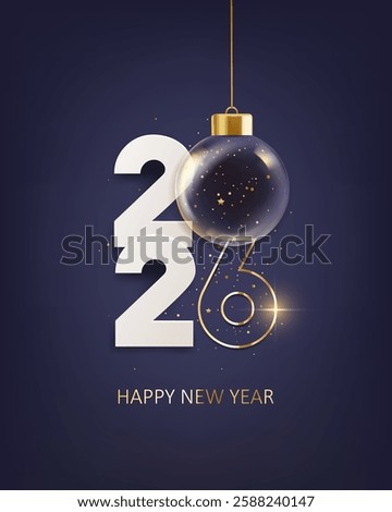 Happy new year 2026. White paper numbers with transparent Christmas ball and confetti, holiday greeting card design.
