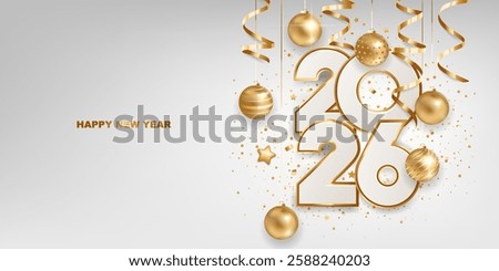 Happy new year 2026. White paper numbers with golden Christmas decoration and confetti on white background. Holiday greeting card design.