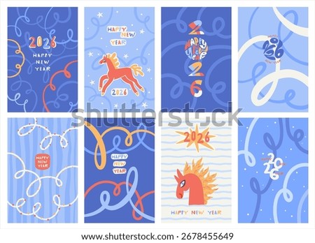 Happy New Year 2026 winter backgrounds set. Hand drawn greeting card poster rectangle templates collection. Serpentine spiral doodle uneven lines stripes pattern. Fire horse cartoon cute illustration 