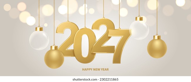 Happy new year 2027 background. Golden numbers and Christmas decoration with shiny lights in background. Holiday greeting card.