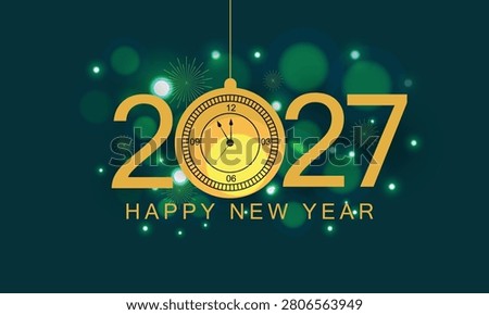 Happy New Year 2027 banner design with clock and Golden Sparkles and Light Effects