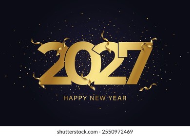 Happy New Year 2027. Hanging colorful number 2027 with glow, metallic stars, on a blue background. New Year's greeting card or banner template,happy new year 2027 celebration background