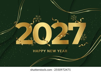 Happy New Year 2027. Hanging colorful number 2027 with glow, metallic stars, on a blue background. New Year's greeting card or banner template,happy new year 2027 celebration background