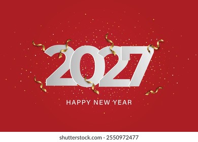 Happy New Year 2027. Hanging colorful number 2027 with glow, metallic stars, on a blue background. New Year's greeting card or banner template,happy new year 2027 celebration background