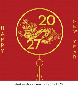 Happy New Year 2027 illustration with a stylish golden dragon showcasing traditional chinese element in red and golden with some pattern in background concept design.