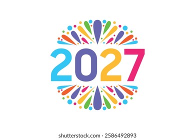 Happy New Year 2027 Logo Design And Fireworks With Text Space On A White Background