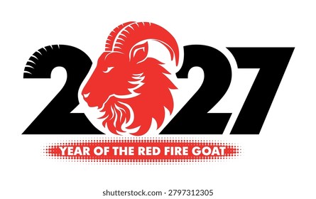 Happy new year 2027. Year of red fire goat, drawing silhouette goat head and numbers 2027 for poster, brochure, banner, invitation card. Vector on transparent background
