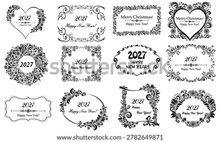 Happy new year 2027! Set of decorative Christmas frames and labels. Celebration background with snowflake, star and place for your text. Circular Frame Copyspace Template Set. Vector Illustration