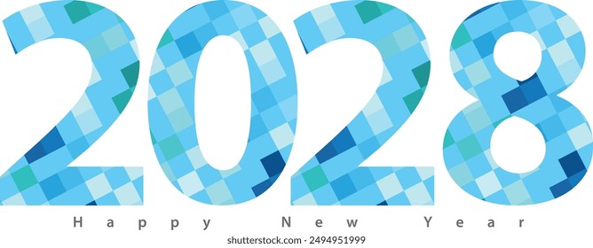 happy new year 2028 with blue monochrome square inside, 2028 vector illustration, isolated on white background.