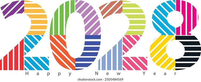 happy new year 2028 with diagonal stripes many color inside, 2028 vector illustration, isolated on white background.