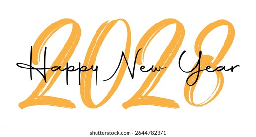 Happy new year 2028 handwritten text in yellow isolated on white background