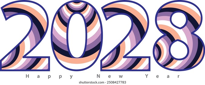 happy new year 2028 with many circle stripes color inside, 2028 vector illustration, isolated on white background.