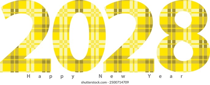 happy new year 2028 with yellow gingham monochrome color  inside, 2028 vector illustration, isolated on white background.
