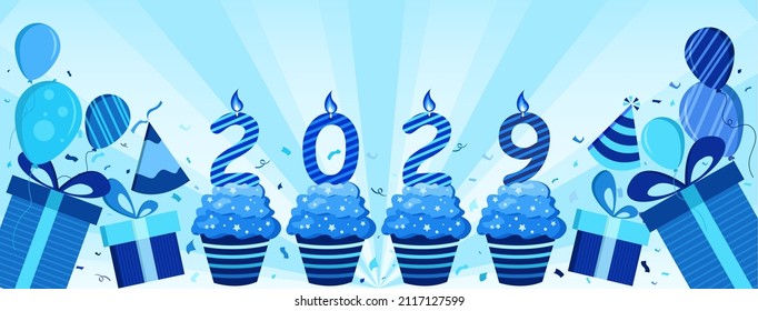 Happy new year 2029. Design card with decoration balloons and gift boxes in shades blue color, vector illustration.