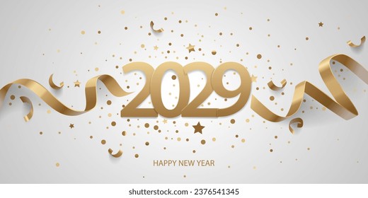 Happy New Year 2029. Golden numbers with ribbons and confetti on a white background.