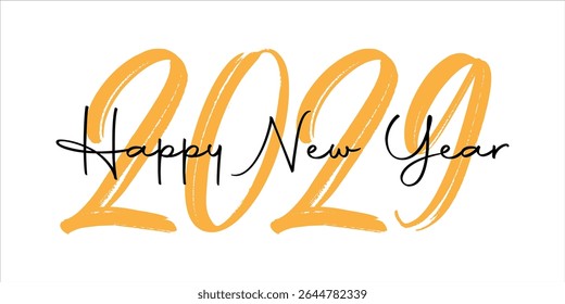 Happy new year 2029 handwritten text in yellow isolated on white background
