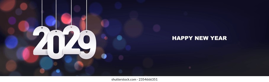 Happy new year 2029. Hanging white paper number on a horizontal colorful blurry background.