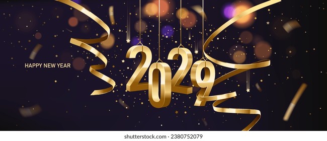 Happy New Year 2029. Hanging golden 3D numbers with golden ribbons and confetti on a defocused colorful, bokeh background.
