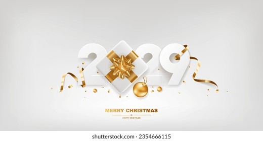 Happy New Year 2029. White paper numbers with golden ribbons, gift box and confetti on a white background.
