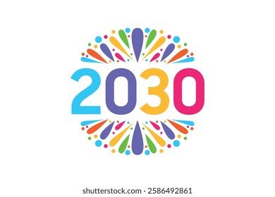 Happy New Year 2030 Logo Design And Fireworks With Text Space On A White Background