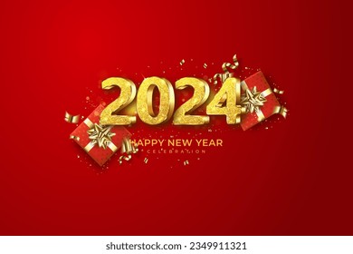 Happy New Year 3D 2024. Golden 3D numbers with givebox and confetti on a Red Background