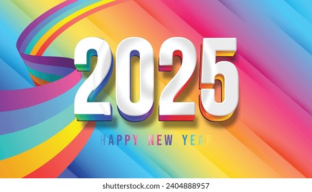 Feliz Año Nuevo 3D 2025. número 3d de color festivo y realista con un fondo de estilo arcoiris.