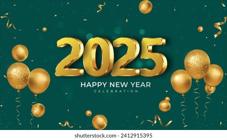 Feliz Año Nuevo 3D 2025. decoración festiva y realista con número de oro y globo dorado para la fiesta Celebrate 2025, calendario y afiche