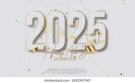 Feliz Año Nuevo 3D 2025. decoración festiva realista con número de oro blanco y confeti para celebrar la fiesta de 2025, calendario y póster