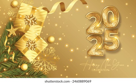 Happy New Year 3D 2025. festive realistic decoration with gold number for Celebrate 2025 party, calender and poster