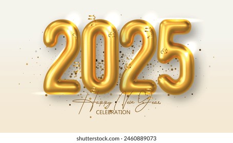 Happy New Year 3D 2025. festive realistic decoration with gold number for Celebrate 2025 party, calender and poster