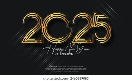 Happy New Year 3D 2025. festive realistic decoration with gold number for Celebrate 2025 party, calender and poster