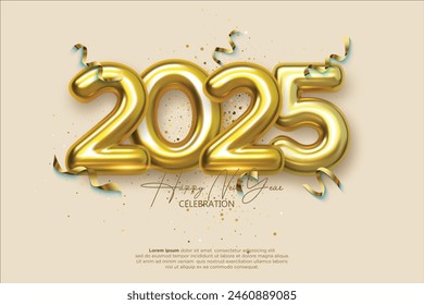 Happy New Year 3D 2025. festive realistic decoration with gold number for Celebrate 2025 party, calender and poster
