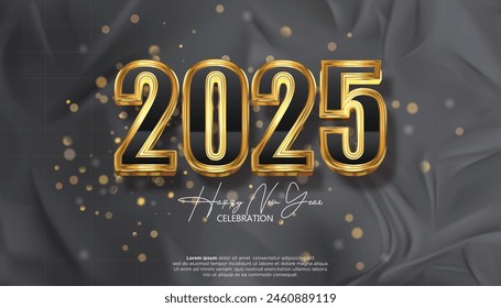 Happy New Year 3D 2025. festive realistic decoration with gold number for Celebrate 2025 party, calender and poster