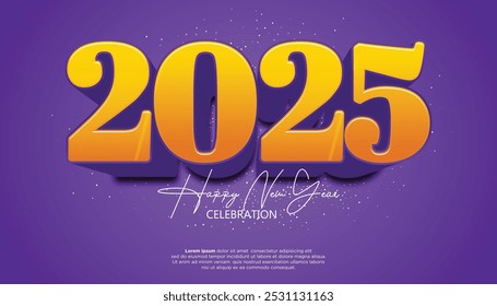 Feliz Ano Novo 3D 2025. decoração realista festiva com número amarelo e laranja para comemorar 2025 festa, calendário e cartaz