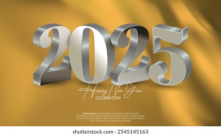 Happy New Year 3D 2025. festive realistic decoration with Silver number for Celebrate 2025 party, calender and poster