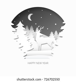 Happy new year 3d abstract paper cut illlustration of christmas tree, deer, moon and stars in the night. Vector greeting card template in carving art style. Eps10.