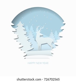 Happy new year 3d abstract paper cut illlustration of christmas tree, deer and snow. Vector colorful greeting card template in carving art style. Eps10.