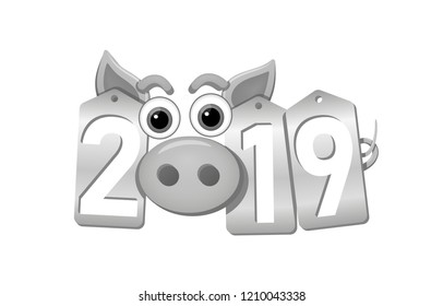 Happy New Year 3d background. Pig face, silver sale tags. 2019 numbers. Piggy snout. Chinese design decoration, celebration card, Christmas discount. Cartoon piglet nose Vector Illustration